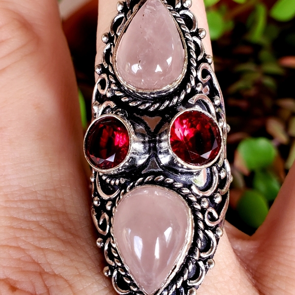 New Rose Quartz and Garnet 925 Silver Statement Ring. - Picture 14 of 15